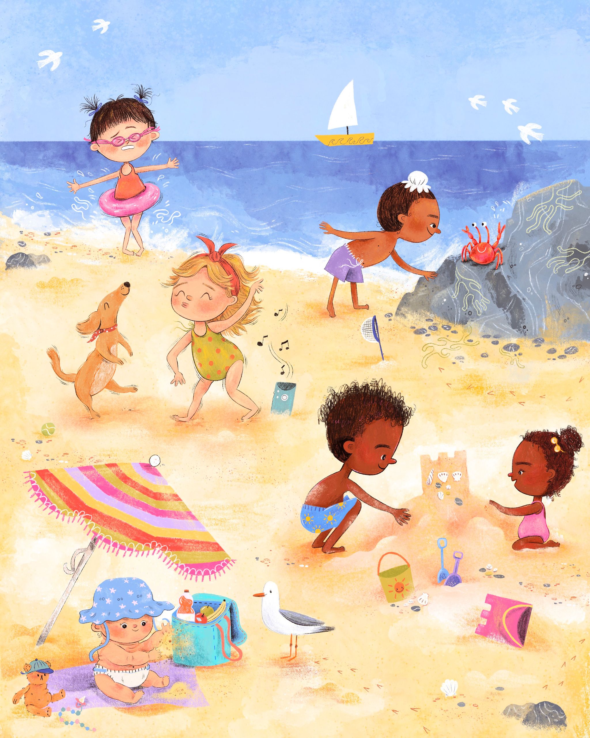A crowded stretch of sand on a bright day. A girl in pink goggles wades out in a rubber ring, another dances to music from a radio while a dog jumps at her, and a boy leans over a rock pool towards a startled red crab. In the foreground a baby in a floppy sun hat sits under a striped umbrella beside a cool bag, a seagull struts past, and two children build a shell-studded sandcastle.