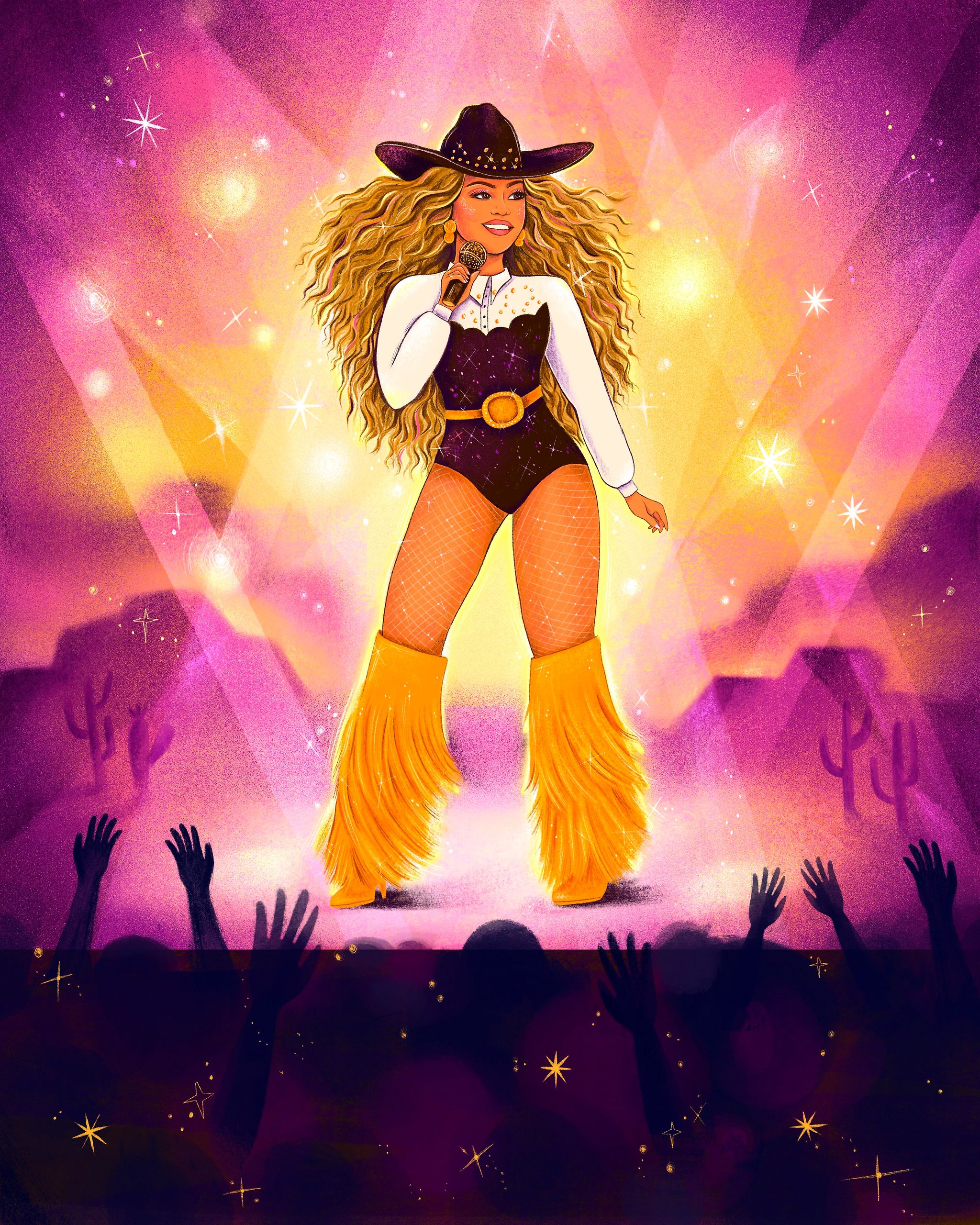 A singer in a studded black cowboy hat and sequinned bodysuit stands centre stage with a gold microphone, long blonde hair falling past her waist and yellow fringed chaps over her boots. Pink and gold spotlights cut across a desert backdrop of mesas and cacti, and silhouetted hands reach up from the crowd below.