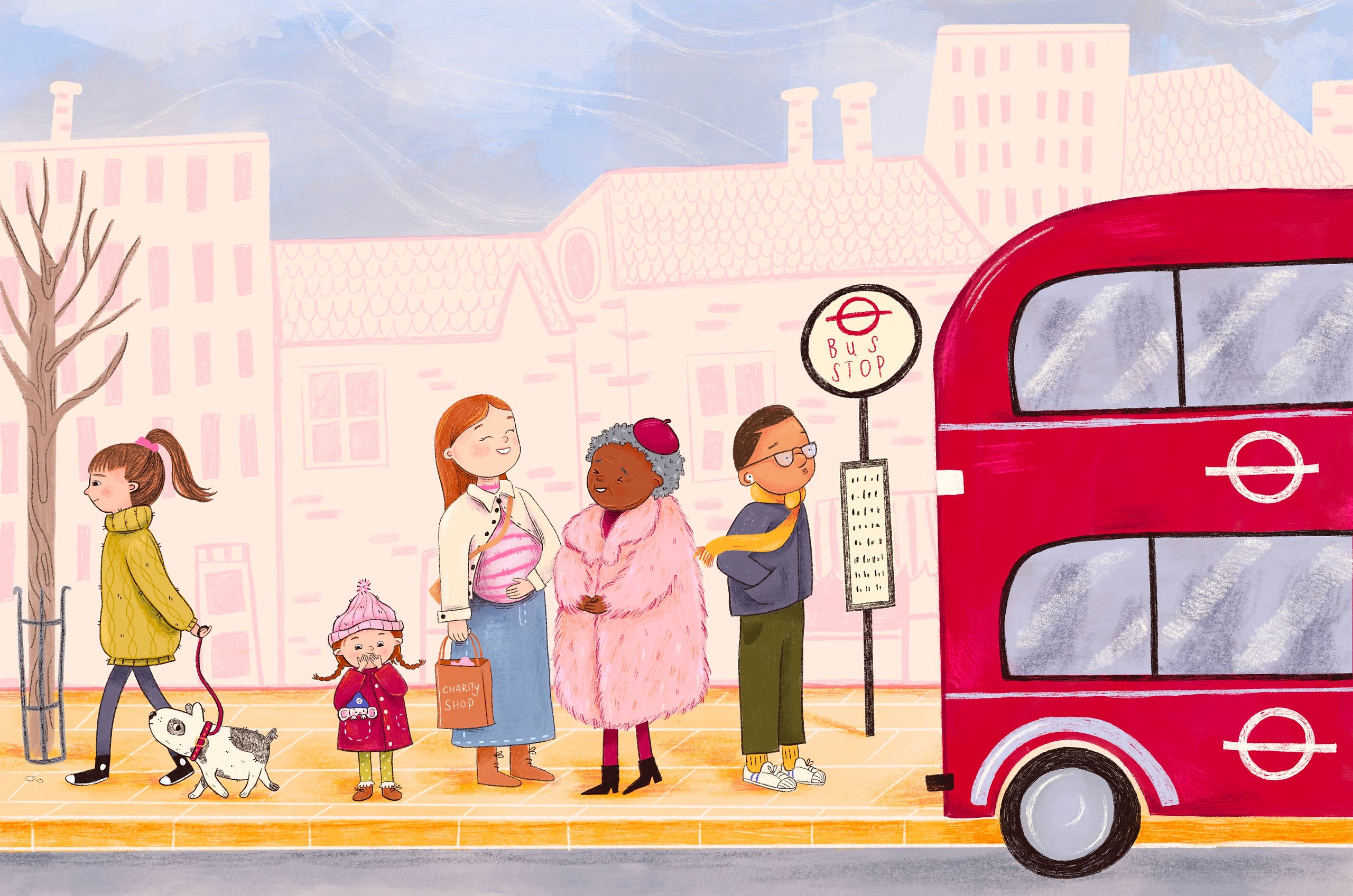 Five people queue on a sunlit pavement as a red double-decker pulls in. A woman in a yellow coat walks a bull terrier past a bare tree, a small girl in a pink bobble hat giggles behind her hands, and a pregnant woman carries a paper bag marked "Charity Shop". Behind them an older woman in a bright pink fur coat and beret waits beside a man in a mustard scarf, against a city of pale pink terraces.