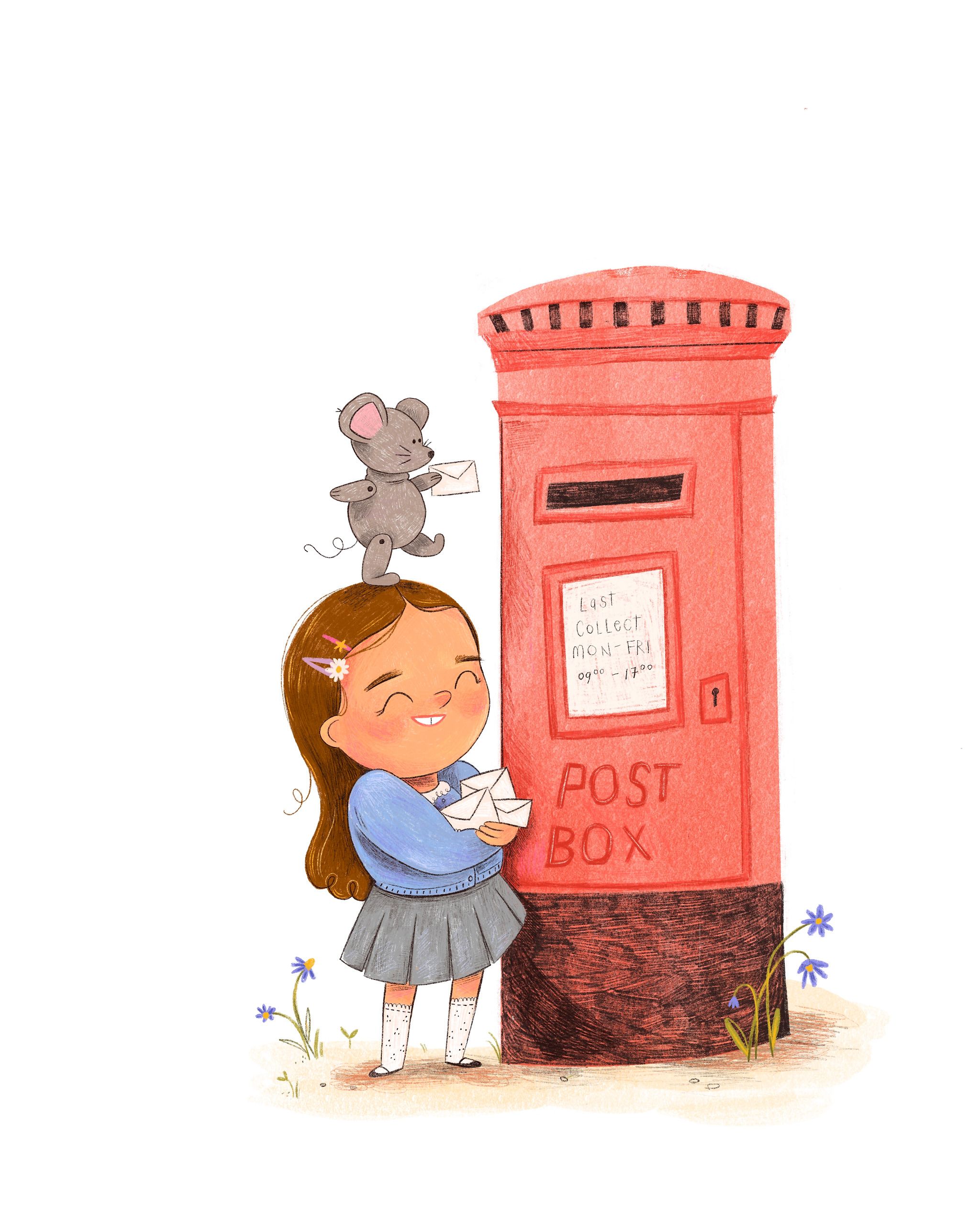 A girl in a blue cardigan and grey pleated skirt hugs a bundle of envelopes to her chest beside a red pillar box, eyes closed and grinning. A grey mouse balances on her head holding one more letter, and small purple flowers grow at the foot of the postbox.