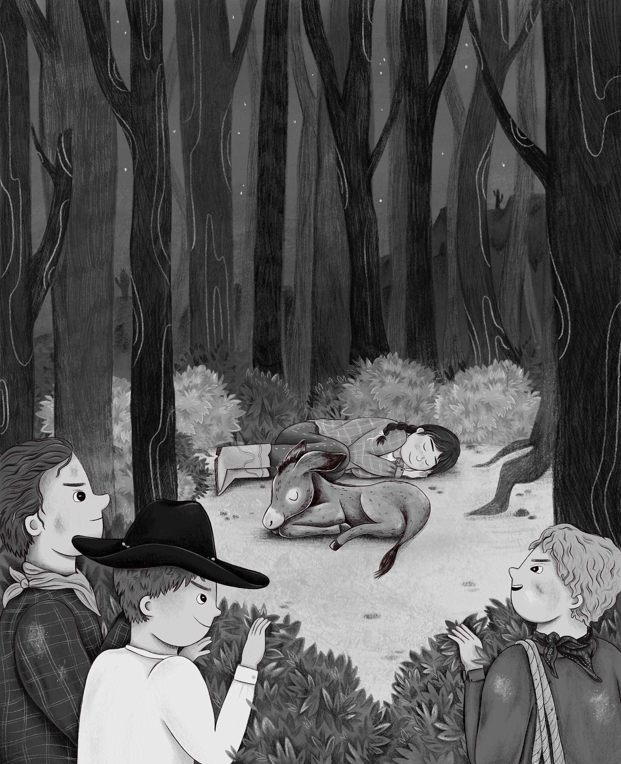 A greyscale night scene. Three figures in neckerchiefs and a wide-brimmed hat crouch behind a bank of leaves, one raising a hand to hush the others. Beyond them, in a clearing between tall pale-trunked trees, a girl in a checked blanket sleeps curled against a resting donkey, her boots set down beside her under a sky of faint stars.
