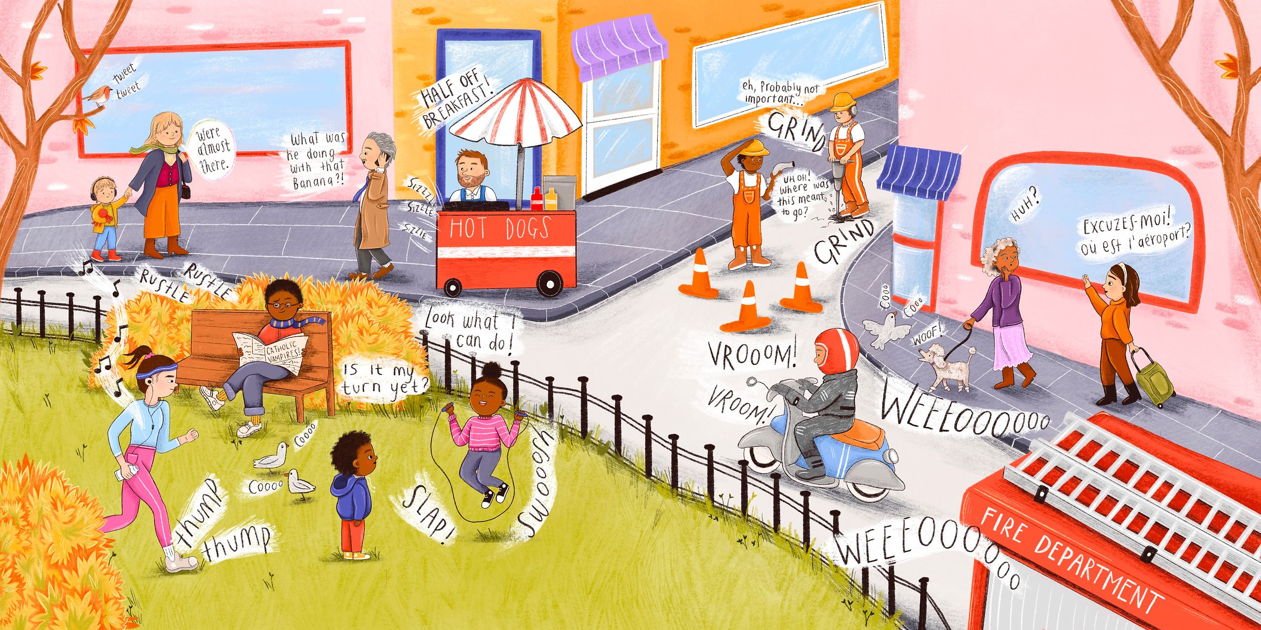A town scene where every sound is hand-lettered into the air. A jogger thumps past a girl skipping, a man reads a newspaper on a bench, a hot dog cart sizzles under a striped umbrella, and roadworkers drill behind traffic cones. A scooter vrooms by a fire station and a woman asks directions to the airport in French, the words drifting across the pavement in white speech shapes.
