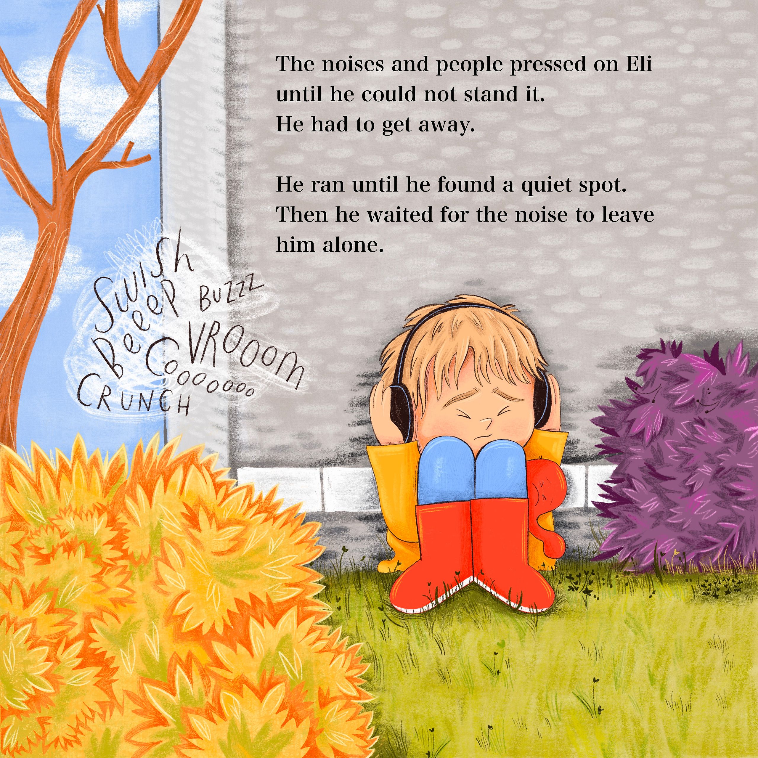 A boy sits hunched at the foot of a grey brick wall with his knees drawn up and his hands pressed over his ear defenders, eyes shut and his red octopus tucked behind him. Bright orange and purple bushes crowd in on either side, and the last of the noise — SWISH, BEEP, VROOOM, CRUNCH — drifts away small and pale at the left.