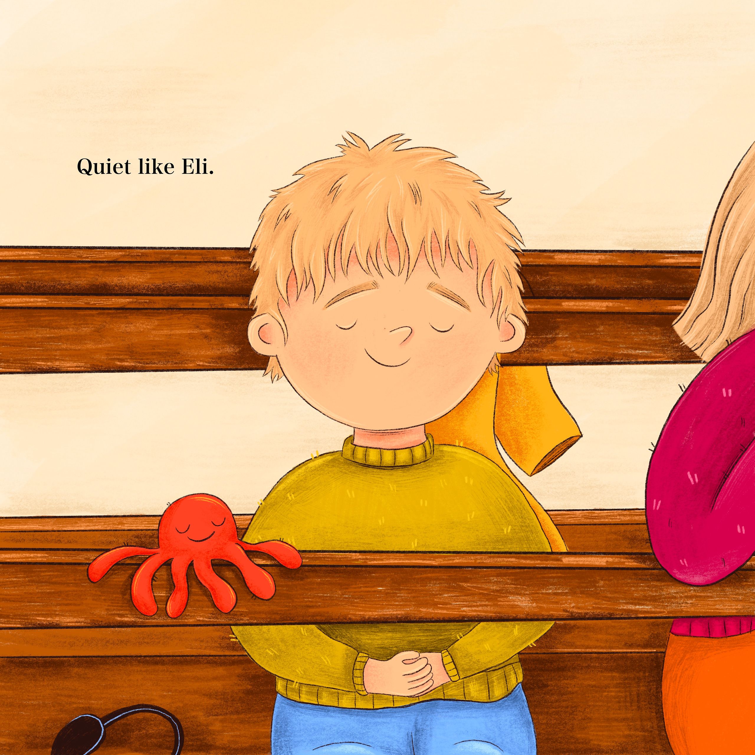 Close on a boy sitting in a wooden pew with his eyes closed, hands folded in his lap and a small contented smile. His ear defenders lie on the seat beside him and his red toy octopus rests on the pew back, smiling with its eyes shut in exactly the same way.