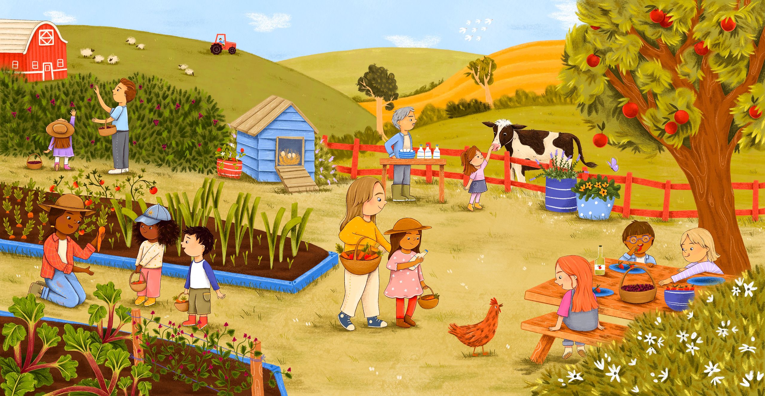 A wide farm scene under rolling green and gold hills. Children pick carrots and tomatoes from raised beds with a woman in a sun hat, another gathers eggs from a blue henhouse, and a girl reaches up to stroke a black-and-white cow across a red fence. A man sells bottled milk from a trestle table, a red tractor works the far hill, and at the right three children eat berries at a picnic bench under a laden apple tree.