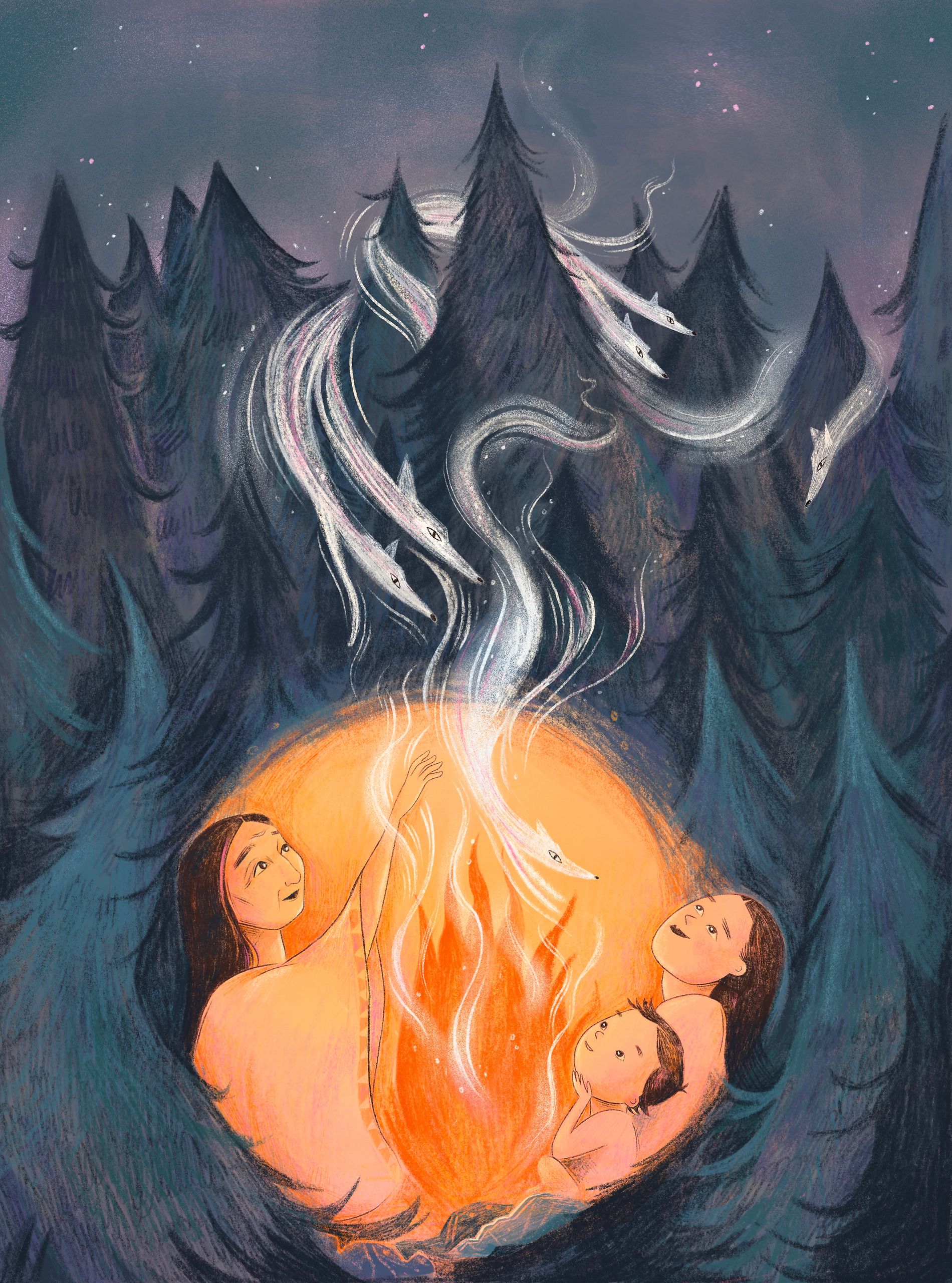 Three figures sit close around a bright campfire in a dark pine forest at night. The smoke rises and curls into a pack of pale, long-nosed wolves that streak away between the trees under a starry purple sky.