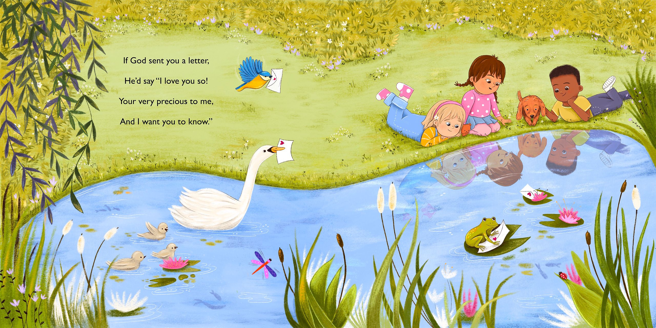 Four children and a golden puppy lie on the grass at the edge of a pond, watching a white swan carry a letter in its beak. A bluebird flies off with a second envelope and a frog holds a third on a lily pad. Willow fronds, cattails and water lilies frame the water, with the children reflected in it.