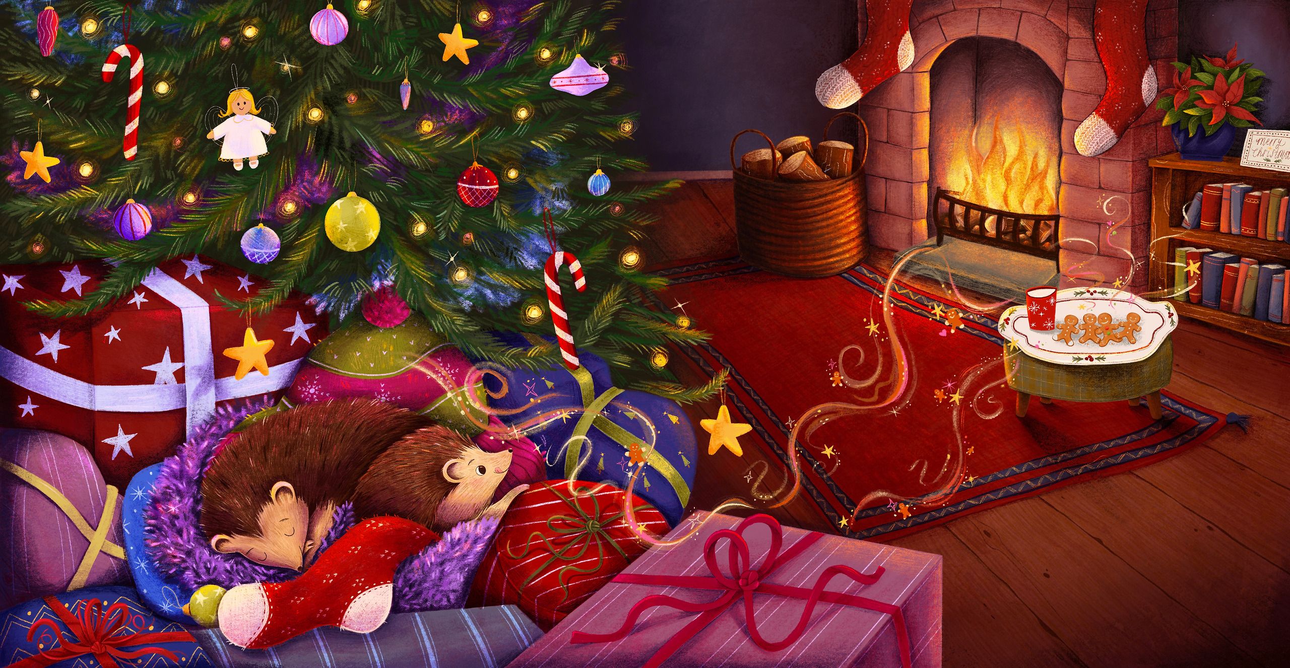 Two hedgehogs sleep curled together in a nest of tinsel and a red stocking, tucked among wrapped presents under a lit Christmas tree. Across the room a fire burns in a brick hearth with stockings hung above it, a plate of gingerbread men and a mug wait on a side table, and a trail of glittering sparks and stars curls between the fireplace and the sleeping pair.