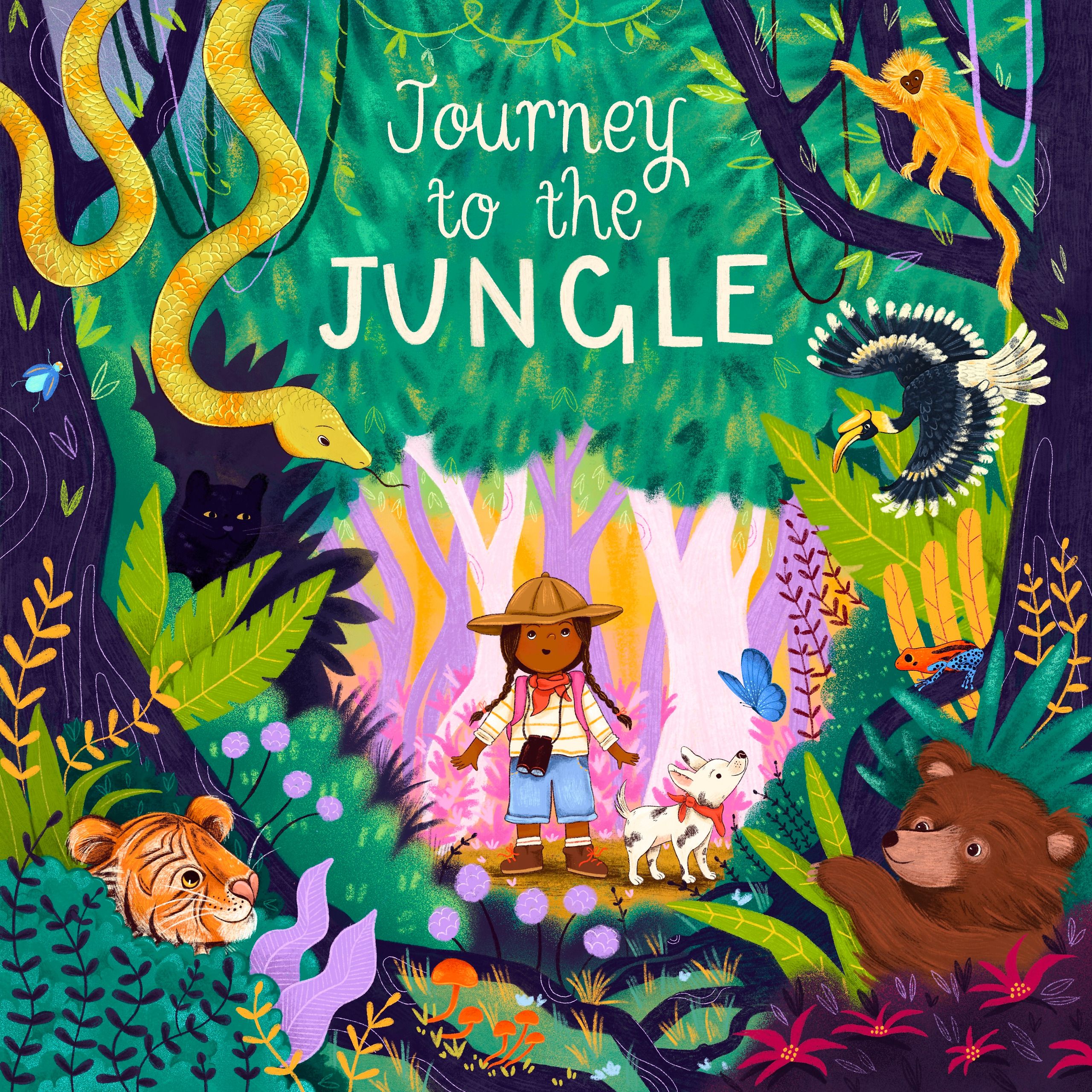 Cover artwork. A girl in a wide explorer's hat and neckerchief stands in a clearing with binoculars round her neck and a spotted white dog at her side, lit by a shaft of pink and gold light. The dense green jungle around her hides a yellow snake, a black panther, a tiger, a bear, a golden monkey, a hornbill and a poison dart frog, with the title hand-lettered across the canopy.