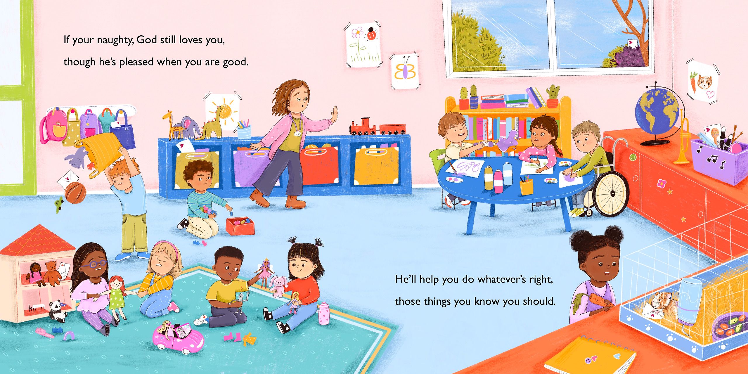 A busy nursery classroom. Children play dolls and toy cars on a green rug, build at a round blue table with a girl in a wheelchair pulled up to it, and a boy lifts a beanbag over his head by the coat pegs. A teacher in a pink cardigan strides through with one hand raised, and at the right a girl holds a carrot out to rabbits in a hutch beside a globe and a bookcase.