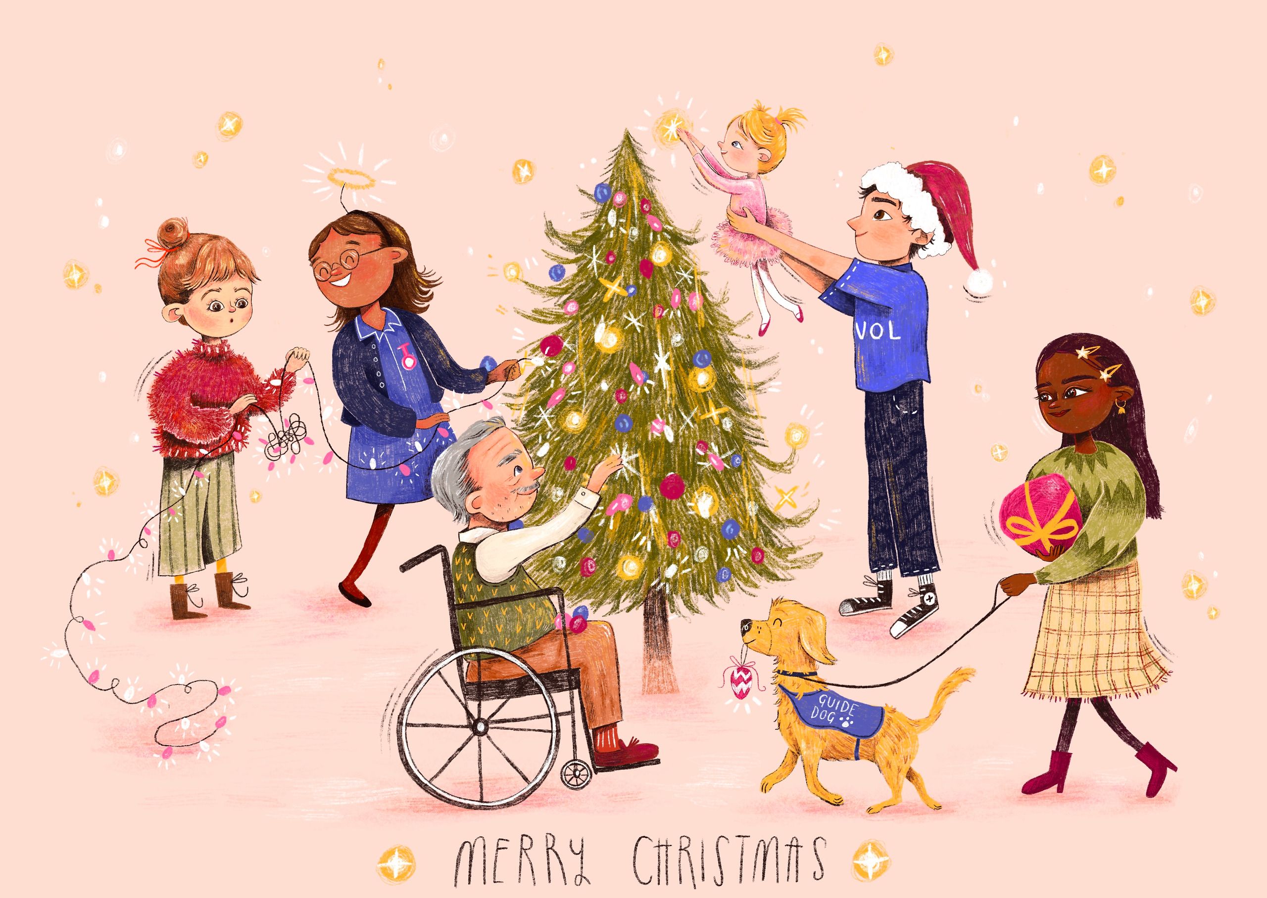 Six people decorate a tree on a soft pink background. A girl untangles a string of lights, a woman with a prosthetic leg passes them along, a man in a wheelchair hangs a bauble, and a volunteer in a Santa hat lifts a small girl in a tutu up to place the star. At the right a woman walks a golden guide dog carrying a bauble in its mouth, above hand-lettered "Merry Christmas".