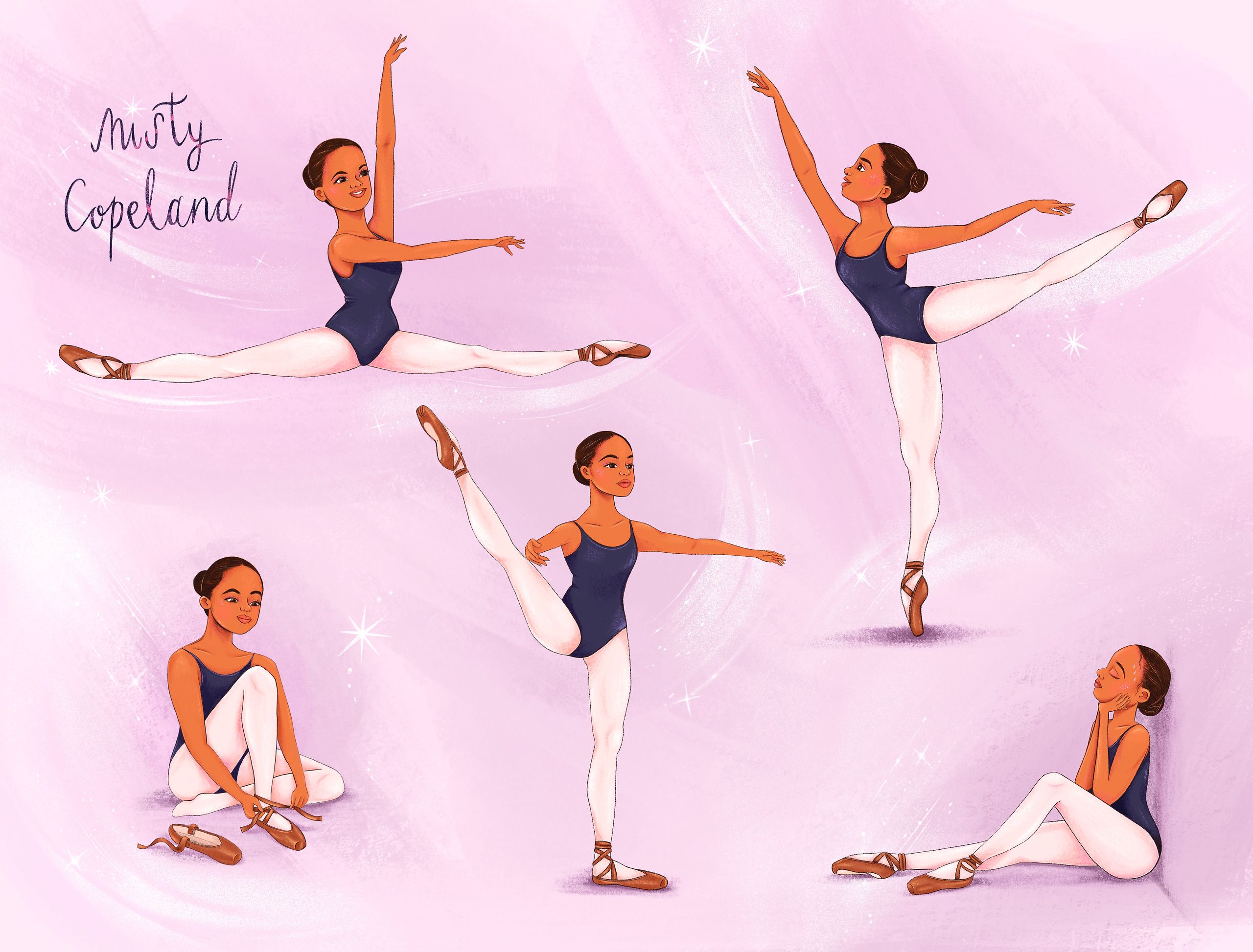 A character sheet of five poses of the same dancer on a pale pink ground, in a navy leotard, white tights and brown pointe shoes: a mid-air split leap, an arabesque on pointe, a standing développé, one figure sitting cross-legged tying a ribbon, and one reclining with her chin on her hand. The name "Misty Copeland" is hand-lettered top left.