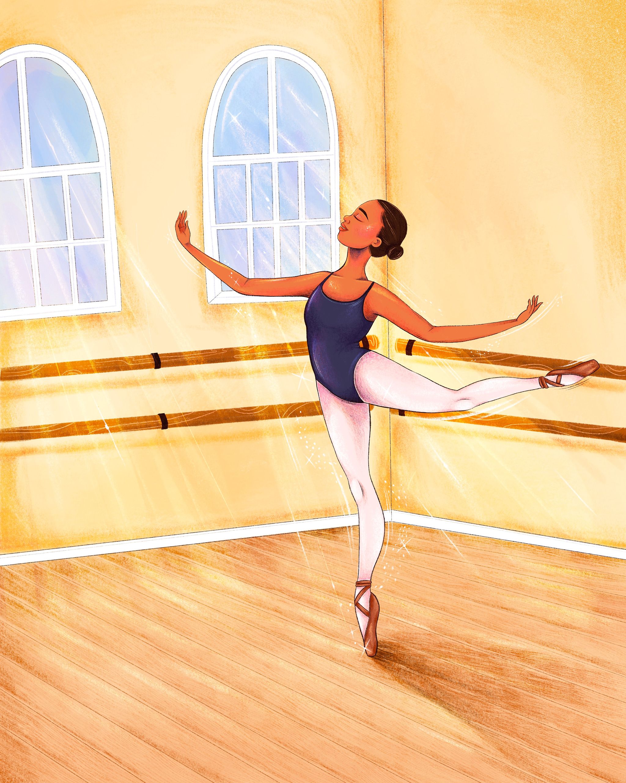 A dancer in a navy leotard and brown pointe shoes holds an arabesque in a sunlit studio, one arm swept back and her face lifted with eyes closed. Behind her are two tall arched windows and a wooden barre against warm yellow walls, with the golden light falling across a honey-coloured floor.