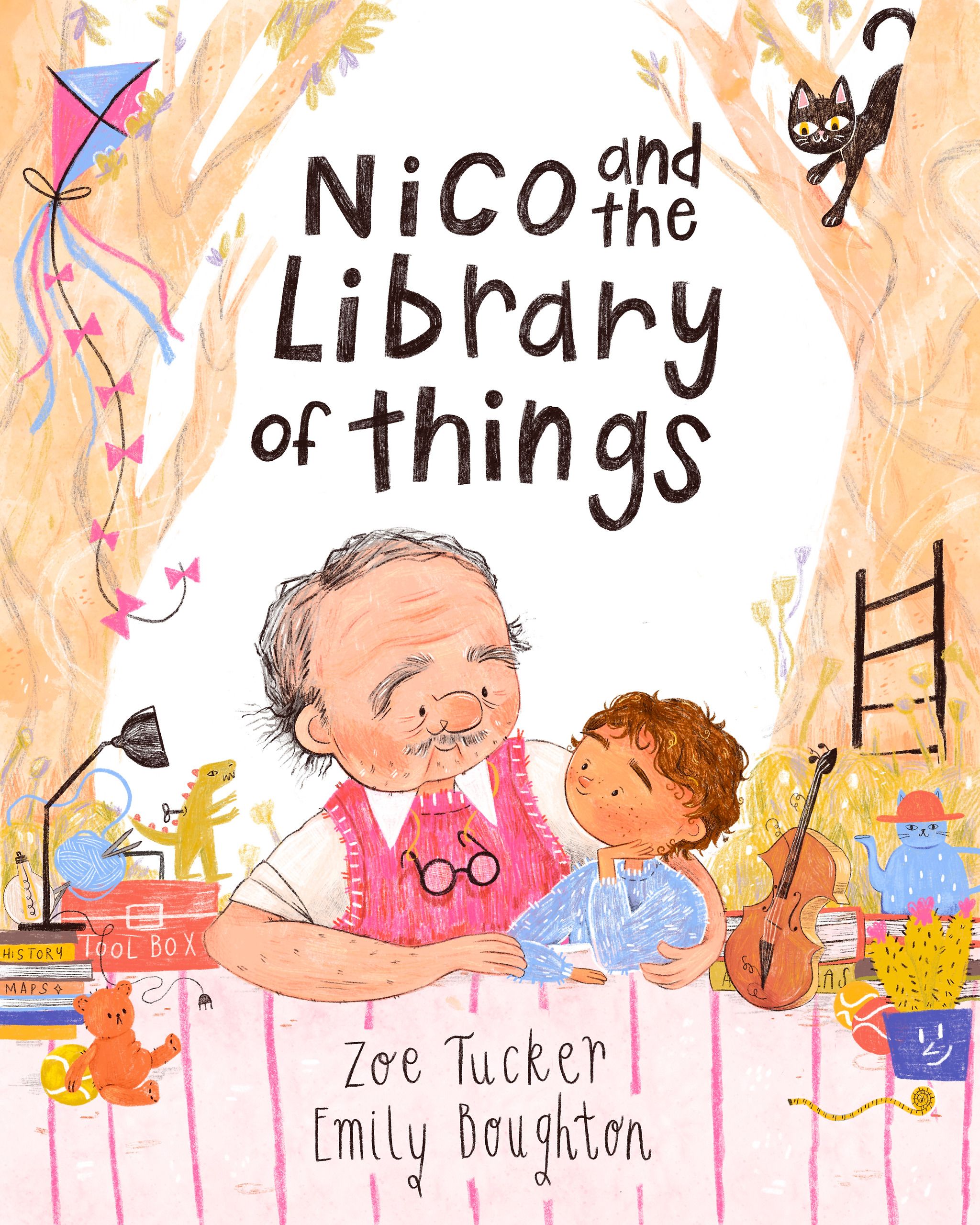Book cover. An older man in a pink knitted vest sits at a table with a curly-haired boy leaning against his shoulder, surrounded by borrowable objects — a cello, a kite, a toolbox, a teapot shaped like a cat and a wind-up dinosaur. A black cat watches from the tree above.