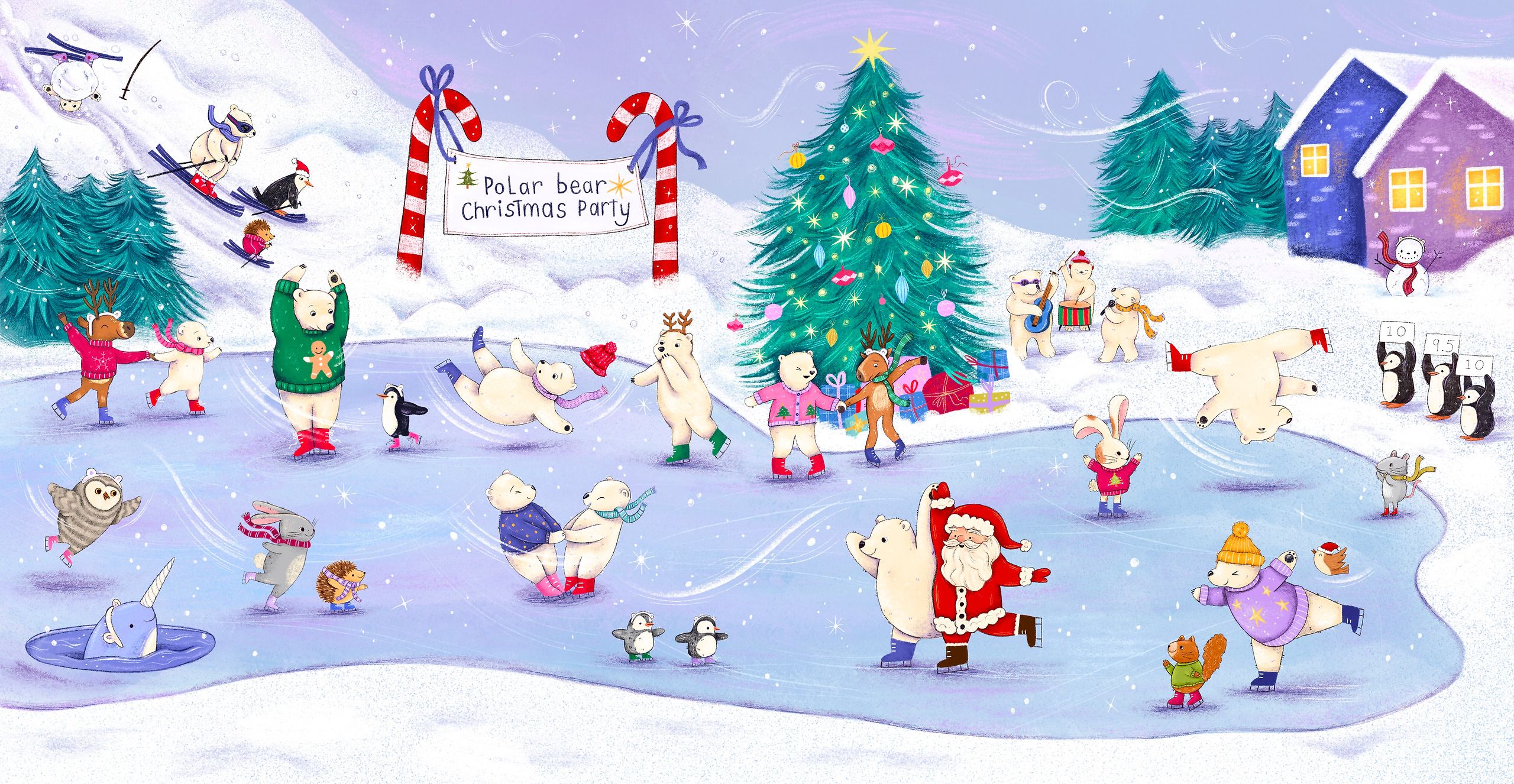Polar bears, penguins, rabbits and a reindeer skate on a frozen pond beneath a banner reading "Polar bear Christmas Party". Santa spins arm-in-arm with a polar bear, a decorated tree glows beside a pile of presents, a narwhal pokes through a hole in the ice, and three penguins hold up scorecards.