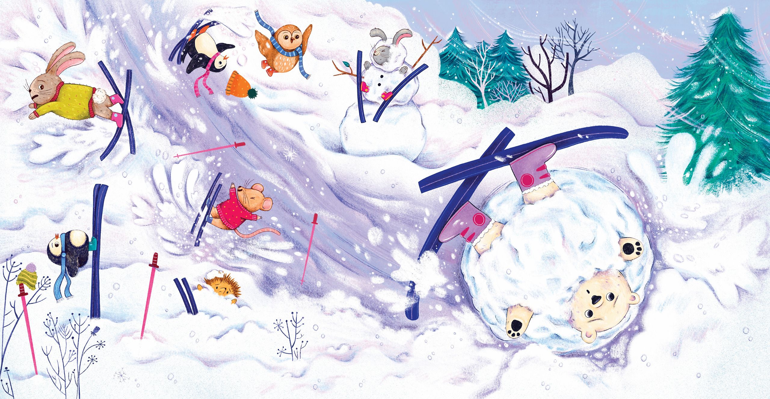 Chaos on a snowy slope. A rabbit in a yellow jumper skis flat out, a penguin and an owl tumble head over heels, and a mouse in a red jumper somersaults past a hedgehog buried to its ears. A snowman stands with skis crossed clutching a carrot, and at the right a polar bear has landed upside down in a drift with its skis in the air.