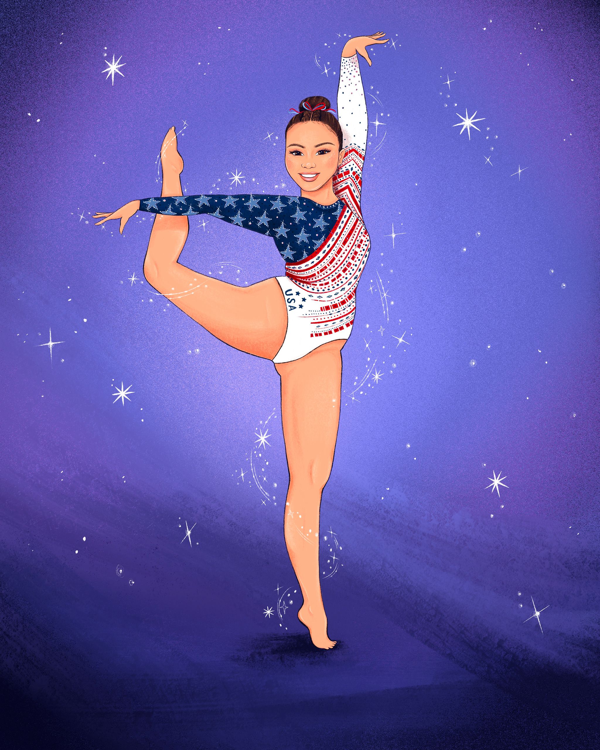 A gymnast holds a balance on one bare foot against a deep purple ground, back leg raised and bent behind her and one arm stretched overhead. Her leotard is a stars-and-stripes design in navy, red and white with "USA" across the hip, and trails of small white stars and sparks curl around her.