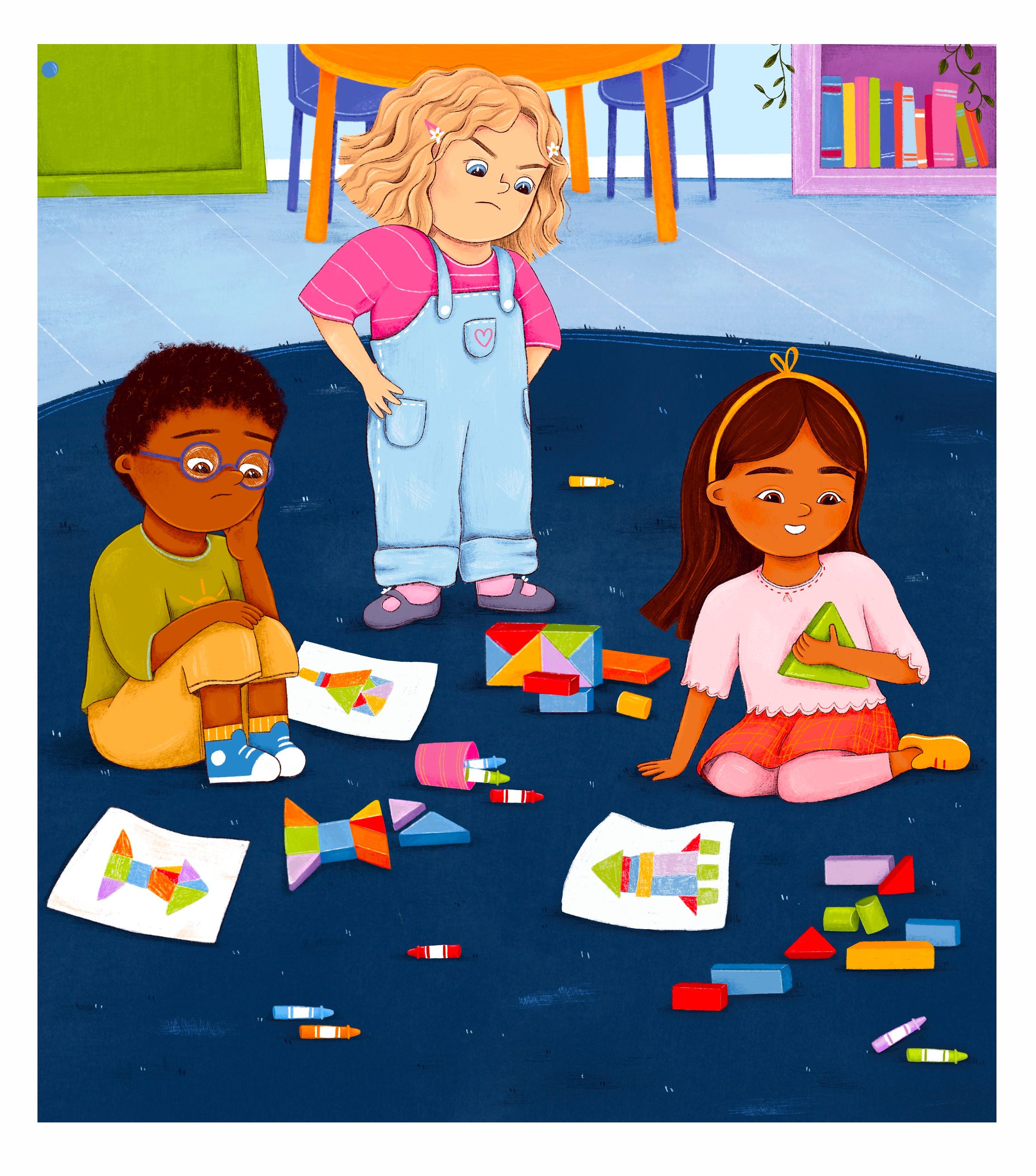 Three children on a dark blue classroom rug, each stuck. A boy in round purple glasses sits with his chin in his hand beside his drawing of a rocket, a girl in dungarees stands over them scowling with a hand on her hip, and a third child hugs a single green triangle. Their crayon plans lie unfinished among scattered wooden blocks.