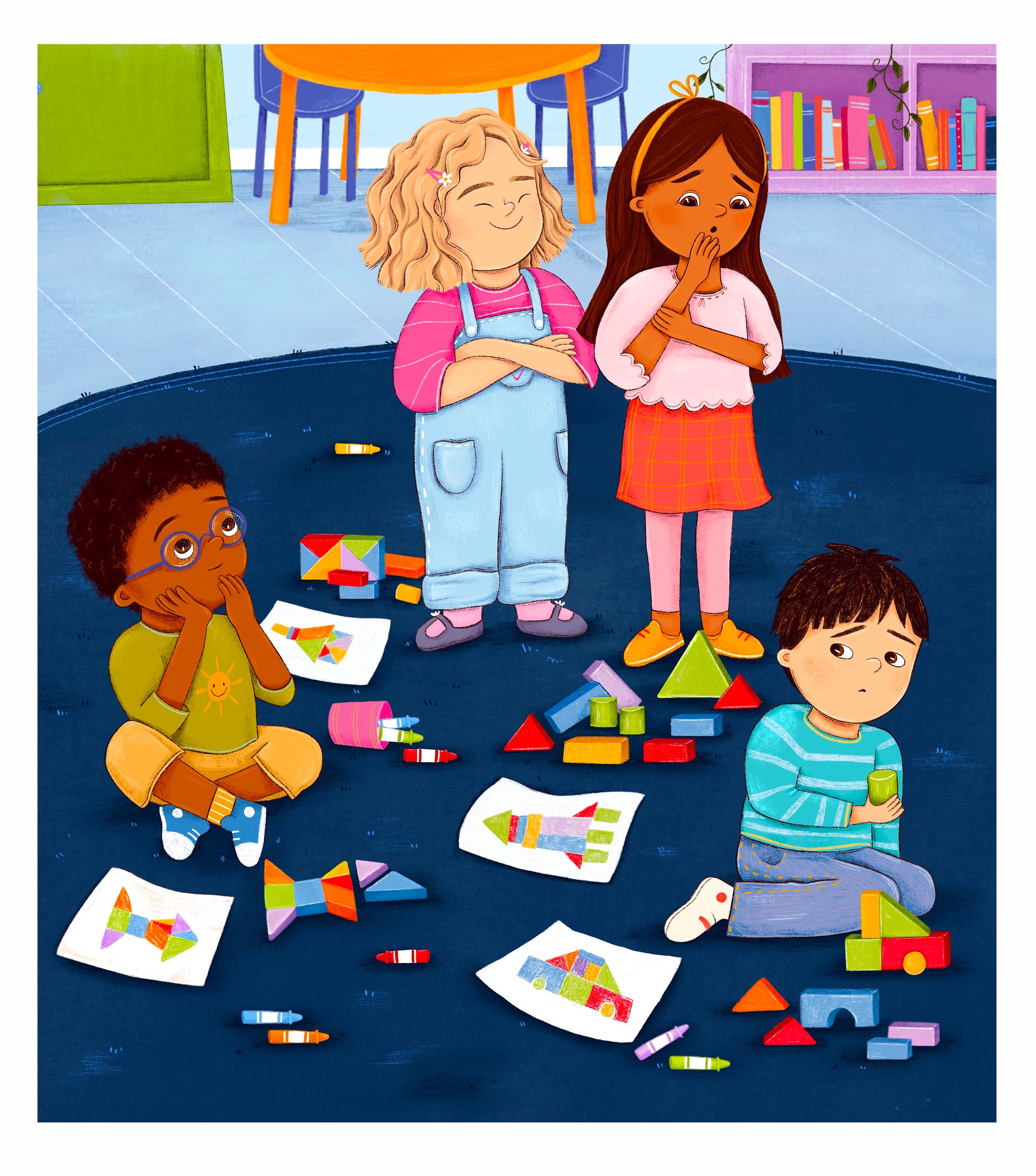 Four children pause around a spread of blocks and crayon drawings. The girl in dungarees folds her arms and grins with her eyes shut, the girl beside her presses a hand to her mouth, and the boy in purple glasses sits cross-legged with both hands on his cheeks — the moment before they work out they should pool what they have.