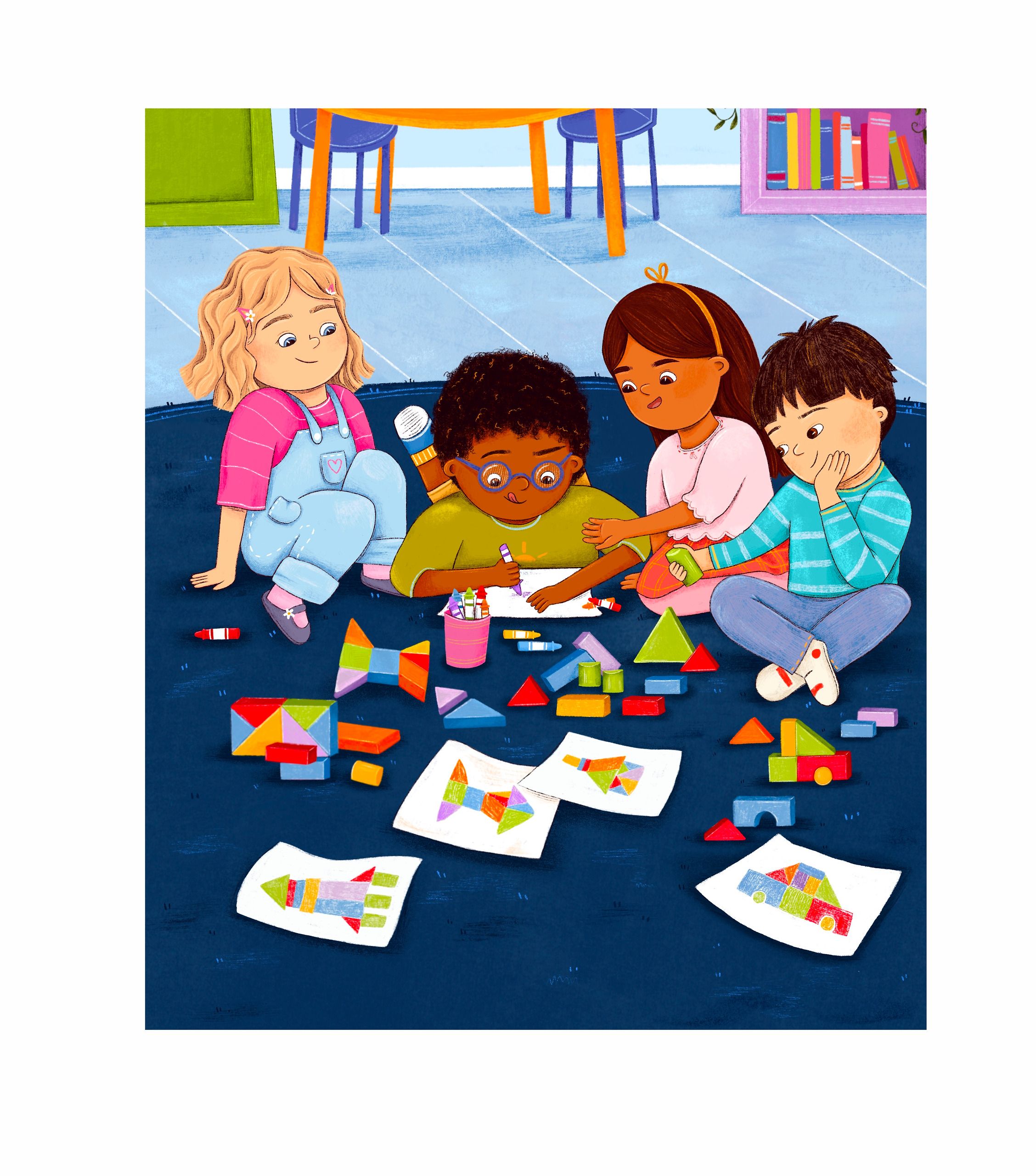 The four children have shuffled into a huddle on the blue rug. The boy in purple glasses draws a new plan with a purple crayon, tongue between his teeth, while a girl reaches across to hand him a green block and the other two lean in to watch. Their earlier drawings and a pot of crayons lie around them.