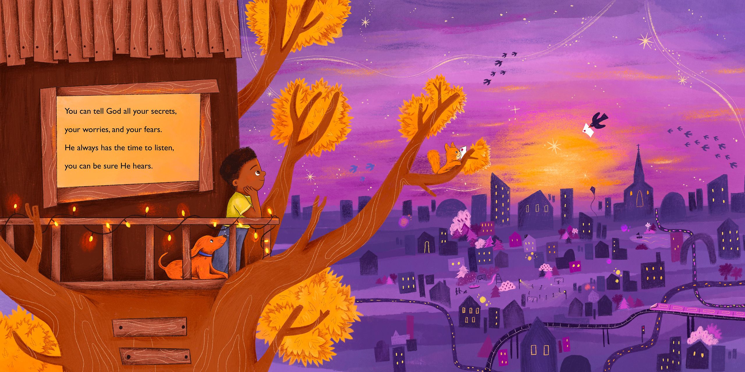 A boy sits on the balcony of a treehouse at dusk with his chin on his hand and a ginger dog asleep at his feet, fairy lights strung along the rail. Gold leaves fill the branches around him, a squirrel reads a letter on a bough, and a bird carries an envelope off across a purple town of lit windows, winding roads and a distant church spire.